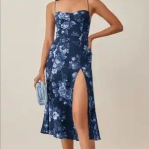 Reformation *inspired* blue and white midi tie strap dress